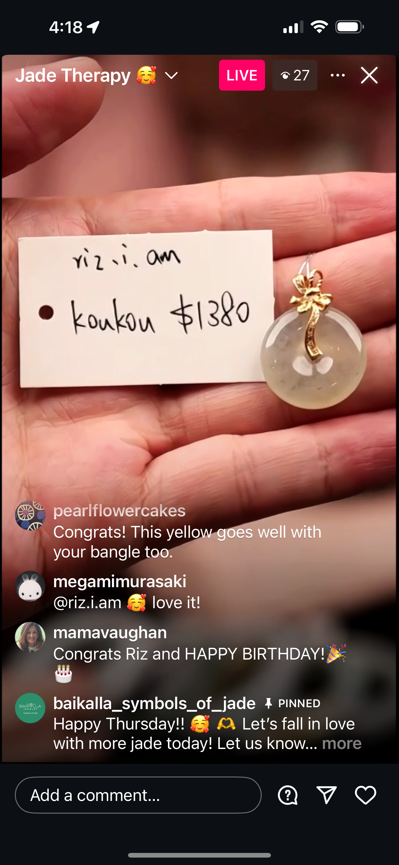 Live "18ky Gold Icy Light Yellow Jadeite Jade Kou Kou Pendant w/ Natural Diamonds" (06/05/25)