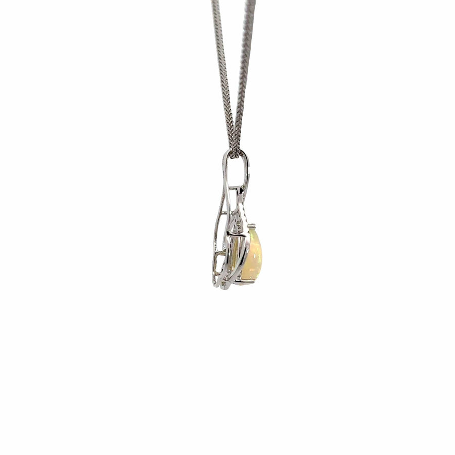 Baikalla Jewelry Gemstone Pendant Necklace 14k White Gold Natural Opal Tear Drop Necklace With Diamonds