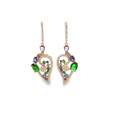 Baikalla Jewelry Gold Gemstone Earrings Baikalla 18K Rose Gold Sapphire and Zircon Heart Dangle Earrings