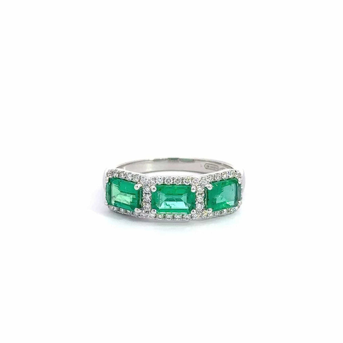 Baikalla Jewelry Gold Emerald Ring 18k White Gold AA Emerald Three Stones Set Halo Band Ring