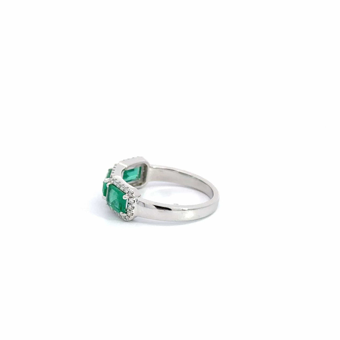 Baikalla Jewelry Gold Emerald Ring 18k White Gold AA Emerald Three Stones Set Halo Band Ring