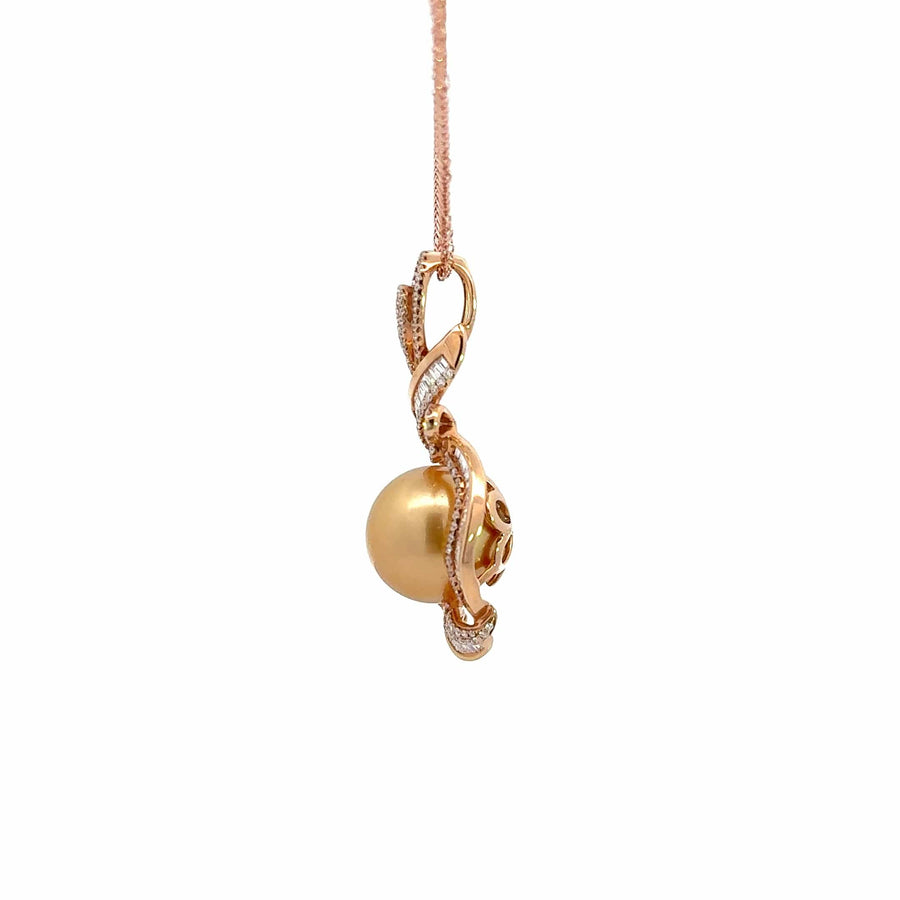 Baikalla Jewelry Gold Pearl Necklace Baikalla  18k Rose Gold Round Golden Cultured Pearl & Diamond Pendant Necklace
