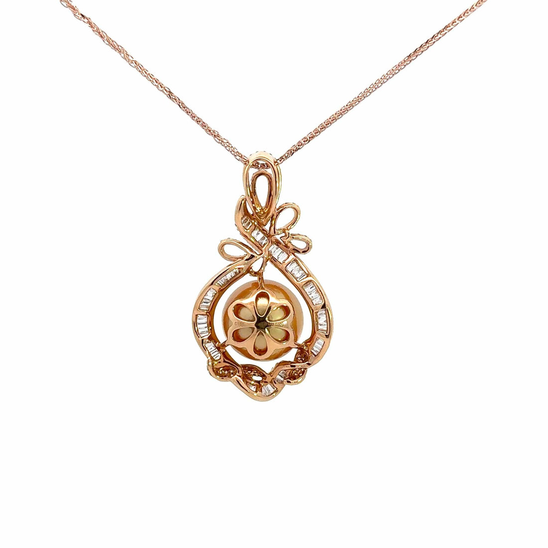 Baikalla Jewelry Gold Pearl Necklace Baikalla  18k Rose Gold Round Golden Cultured Pearl & Diamond Pendant Necklace