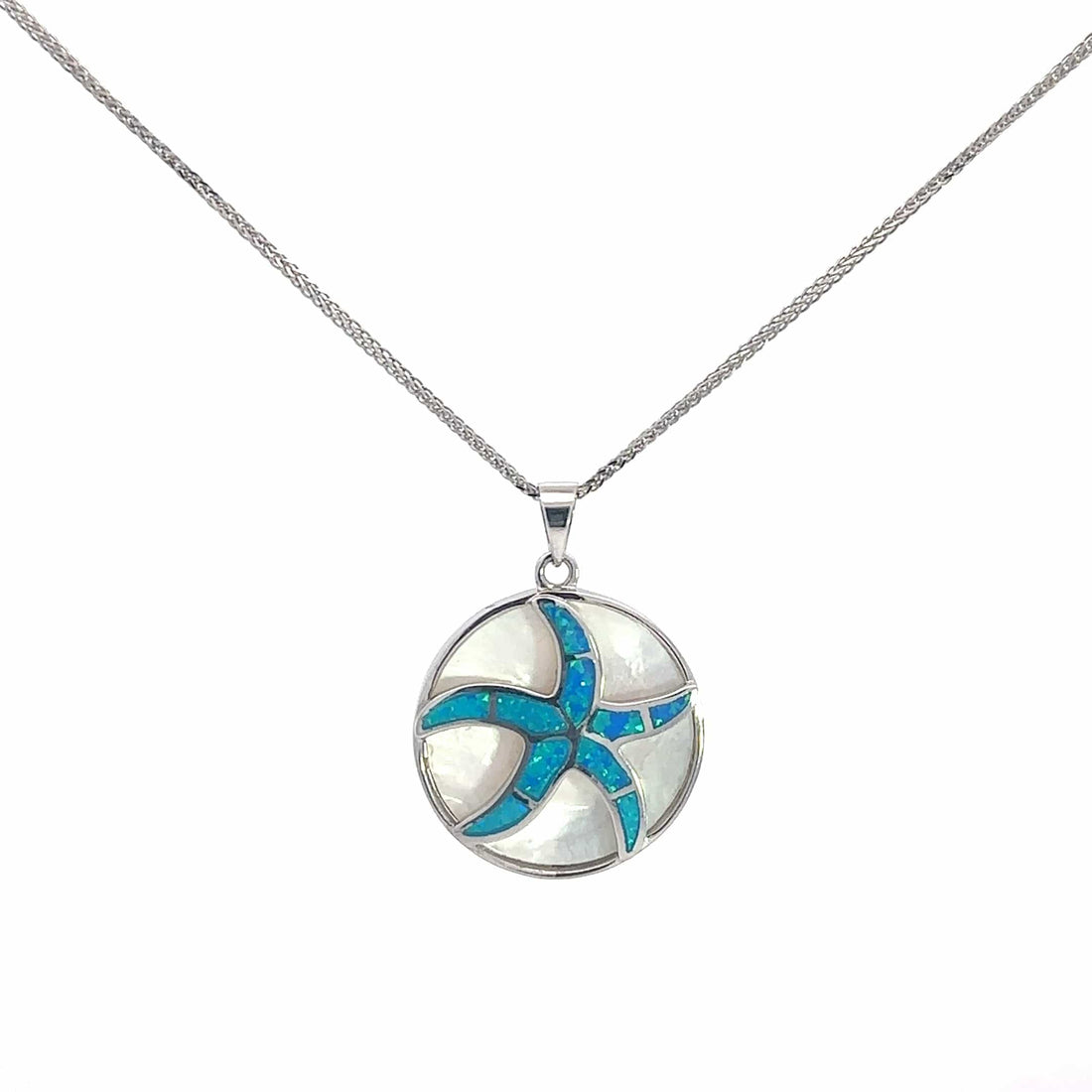 Baikalla Jewelry Gemstone Pendant Necklace Man-Made Blue Opal Pendant Necklace Baikalla Sterling Silver Lab-Made Blue Opal Starfish Bezel Pendant Necklace