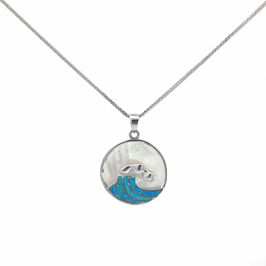 Baikalla Jewelry Gemstone Pendant Necklace Man-Made Blue Opal Baikalla Sterling Silver Lab-Made Blue Opal Wave Bezel Pendant Necklace