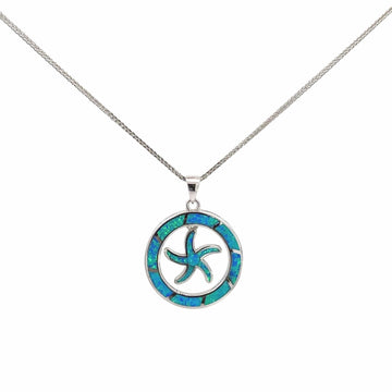 Baikalla Jewelry Gemstone Pendant Necklace Man-Made Blue Opal Pendant Necklace Baikalla Sterling Silver Lab-Made Blue Opal Dangle Starfish Pendant Necklace