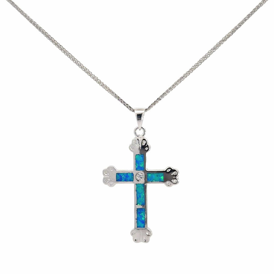 Baikalla Jewelry Gemstone Pendant Necklace Blue Opal Baikalla Sterling Silver Lab-Made Opal Cross Bezel Pendant Necklace