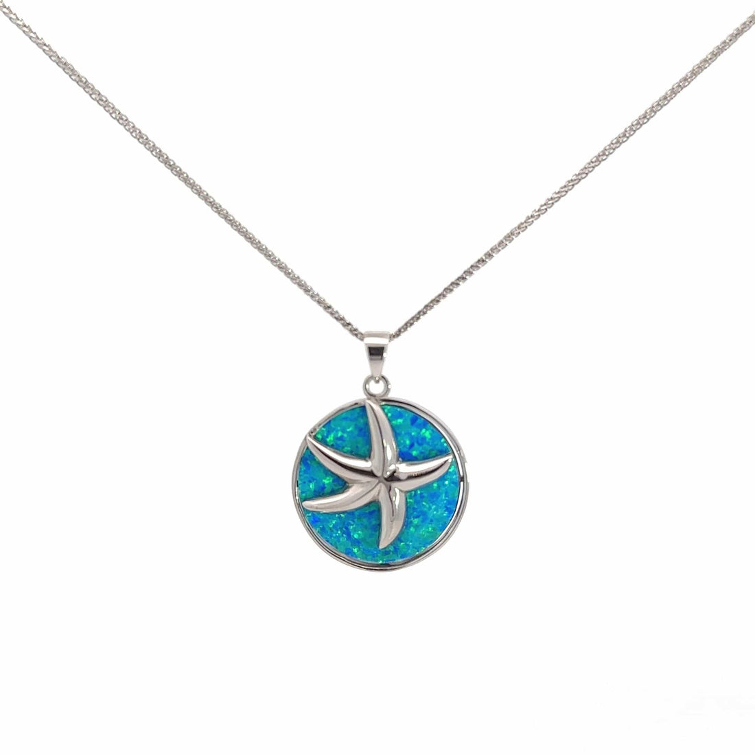 Baikalla Jewelry Gemstone Pendant Necklace Blue Opal Baikalla Sterling Silver Lab-Made Opal Starfish Bezel Pendant Necklace