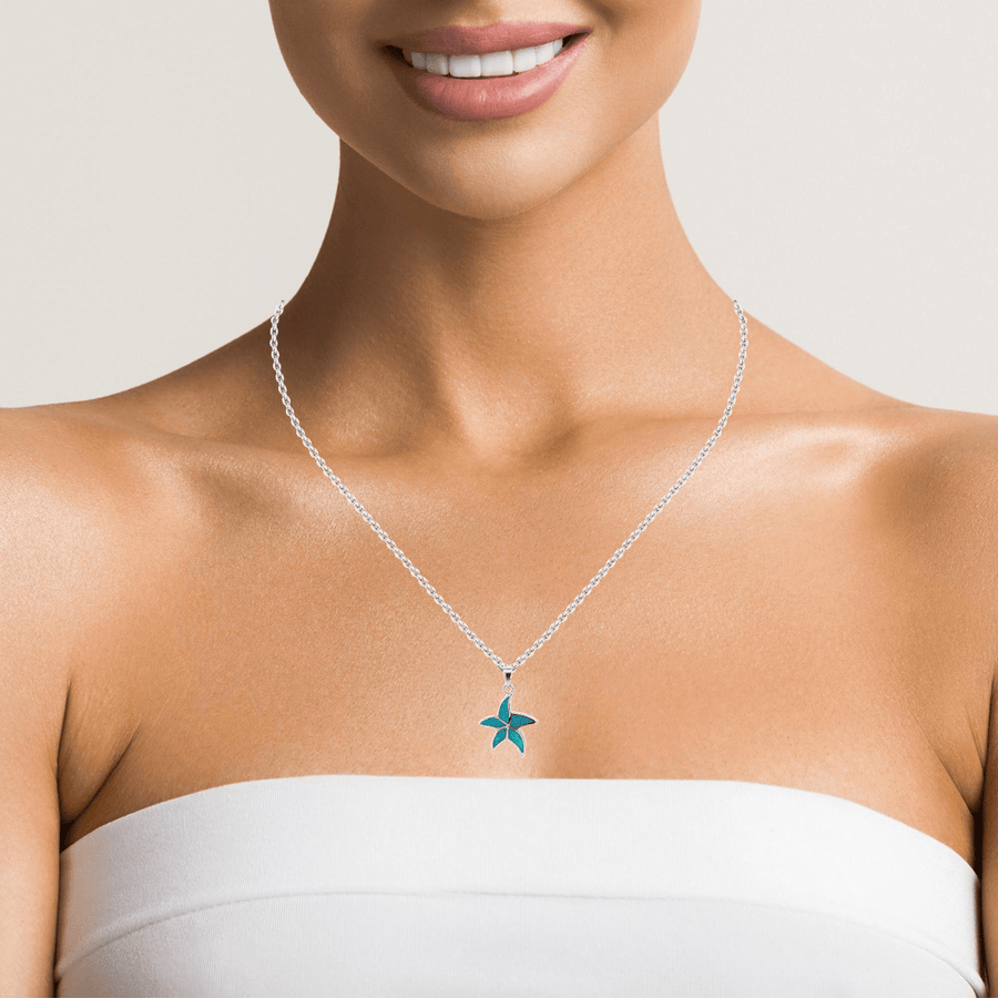 Baikalla Jewelry Gemstone Pendant Necklace Blue Opal Baikalla Sterling Silver Lab-Made Blue Opal Starfish Bezel Pendant Necklace