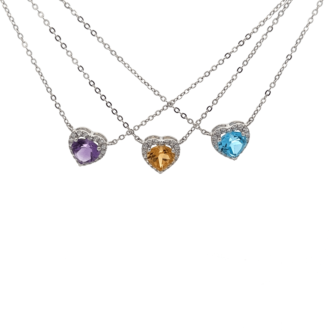 Baikalla Jewelry Silver Amethyst Necklace Baikalla™ Classic Heart Sterling Silver Natural Amethyst Citrine Topaz Necklace With CZ