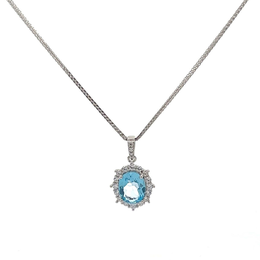 Baikalla Jewelry Silver Topaz Necklace Sterling Silver Natural Topaz Large Pendant Necklace With CZ