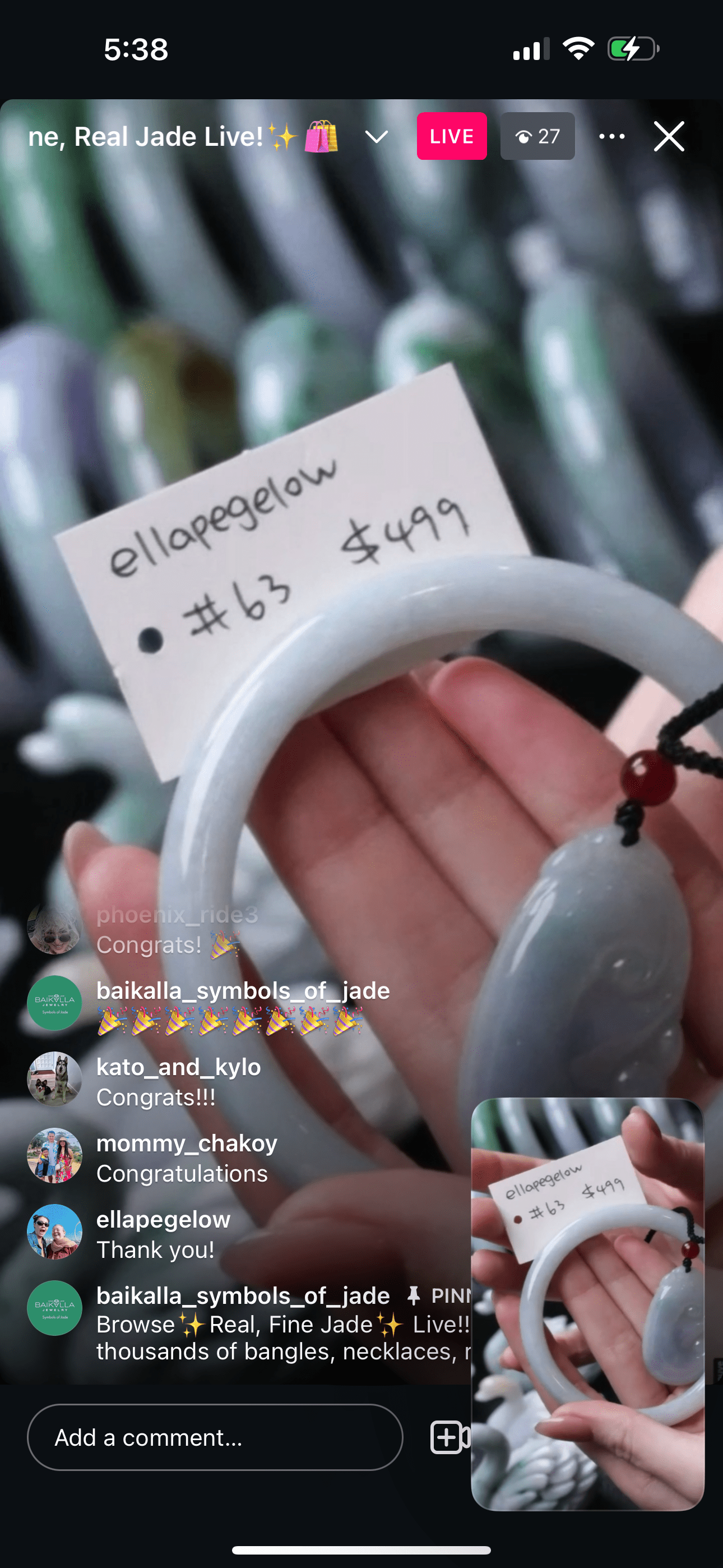 Baikalla IG Live "Natural Light Blue Green Color Jadeite Jade Bangle" (Live Pick) (01/02/25)