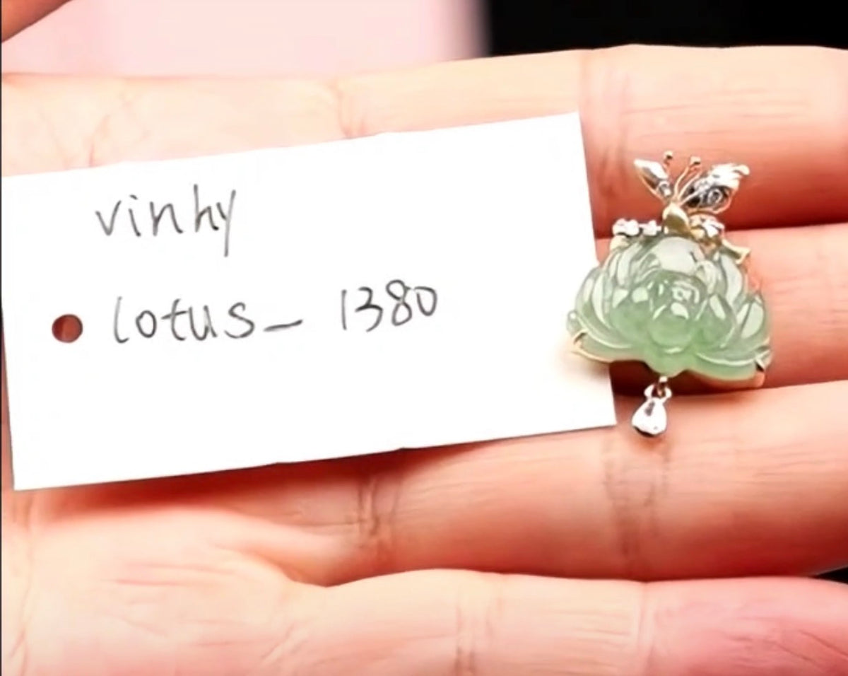 "Live" 18k Y Gold Butterfly Bail &amp; Natural Diamonds W/ Icy Natural Light Oil-Green Jadeite Jade Lotus Pendant (10/10/26)