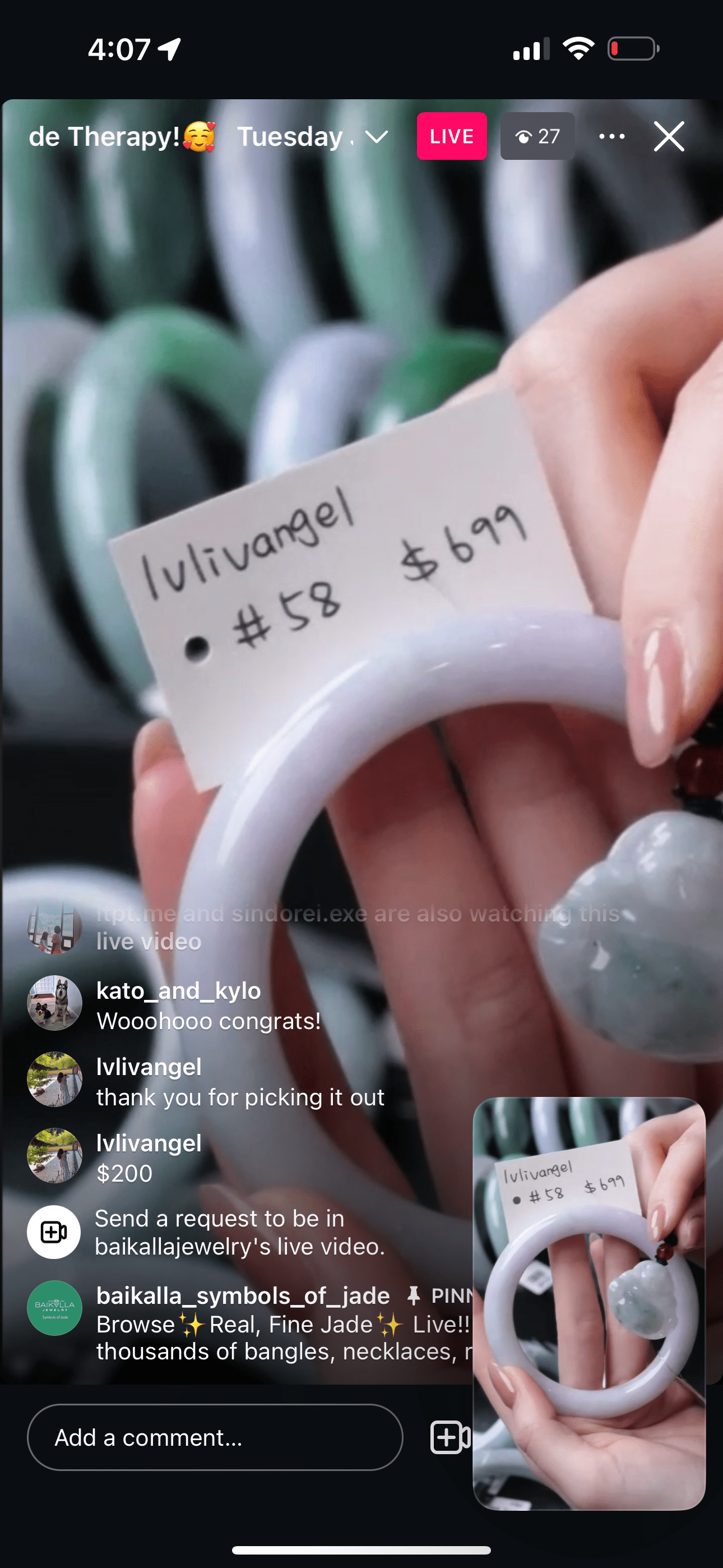 Baikalla IG Live "Light Lavender Natural Jadeite Jade Bangle (Live Pick) (01/07/25)