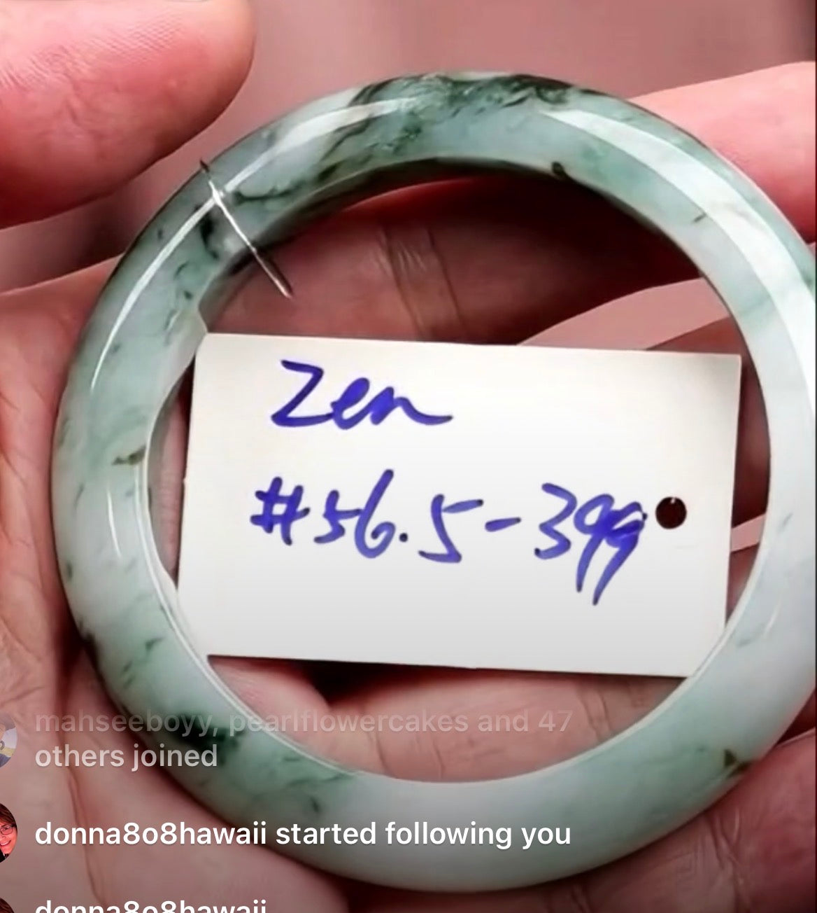 "Live" Natural Light Green W/ Dark Green Flowers Jadeite Jade Bangle (10/29/26)