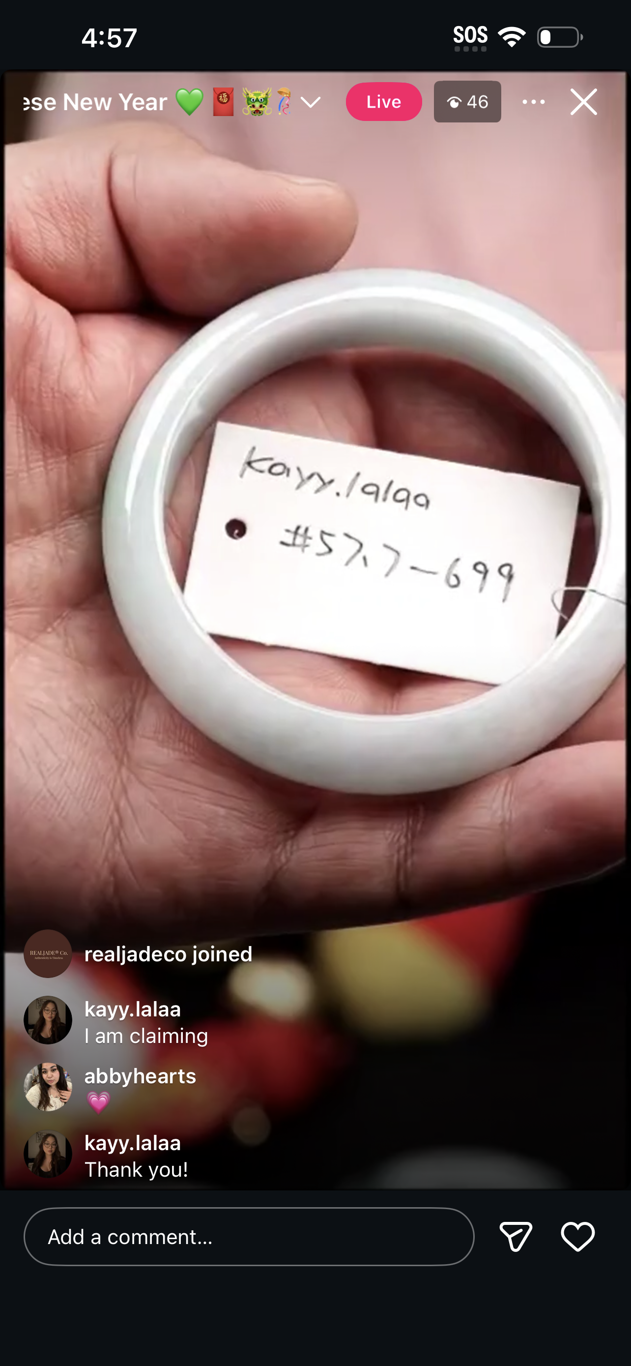 "Live" Natural Jadeite Jade Bangle (02/16/26)