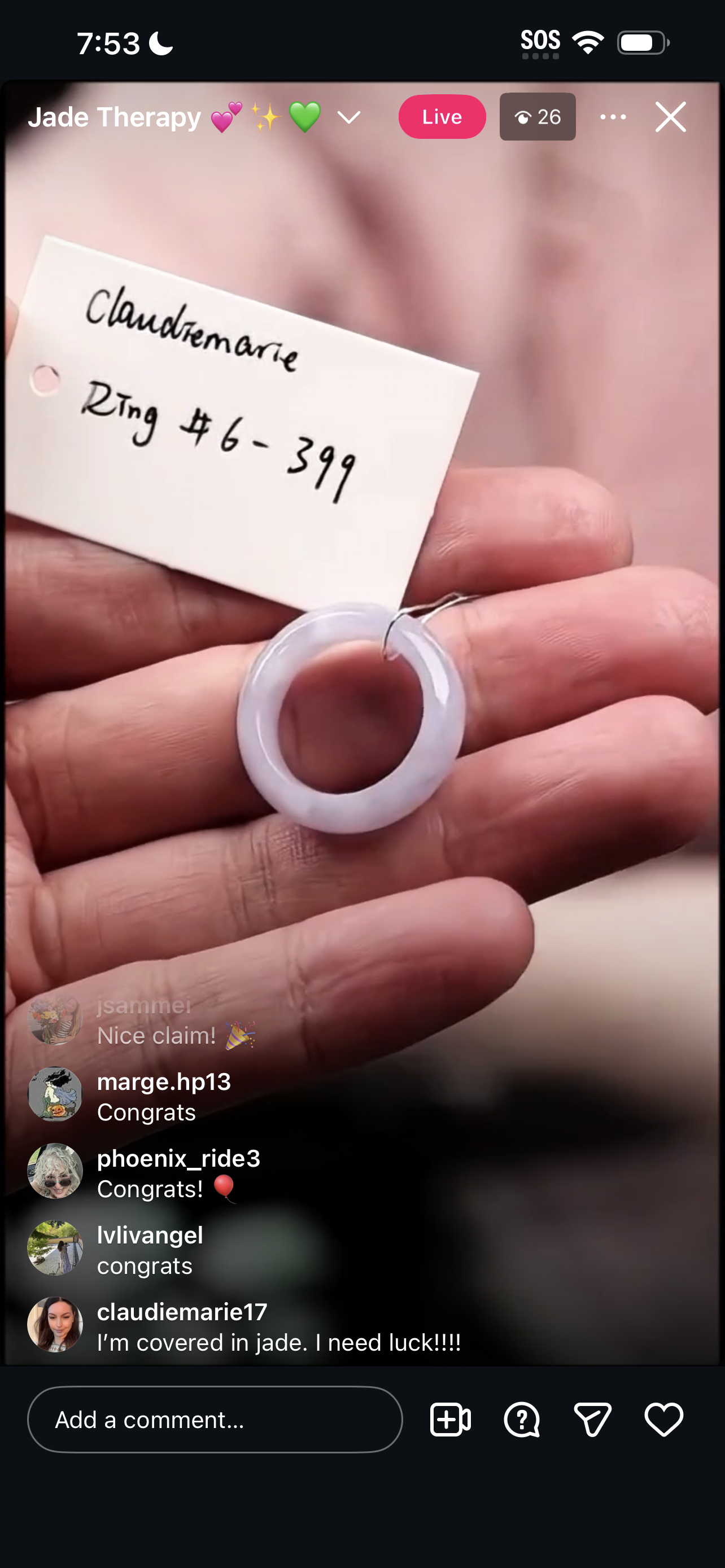 "Live" Natural Lavender Jadeite Jade Finger Bangle Ring (03/03/26)