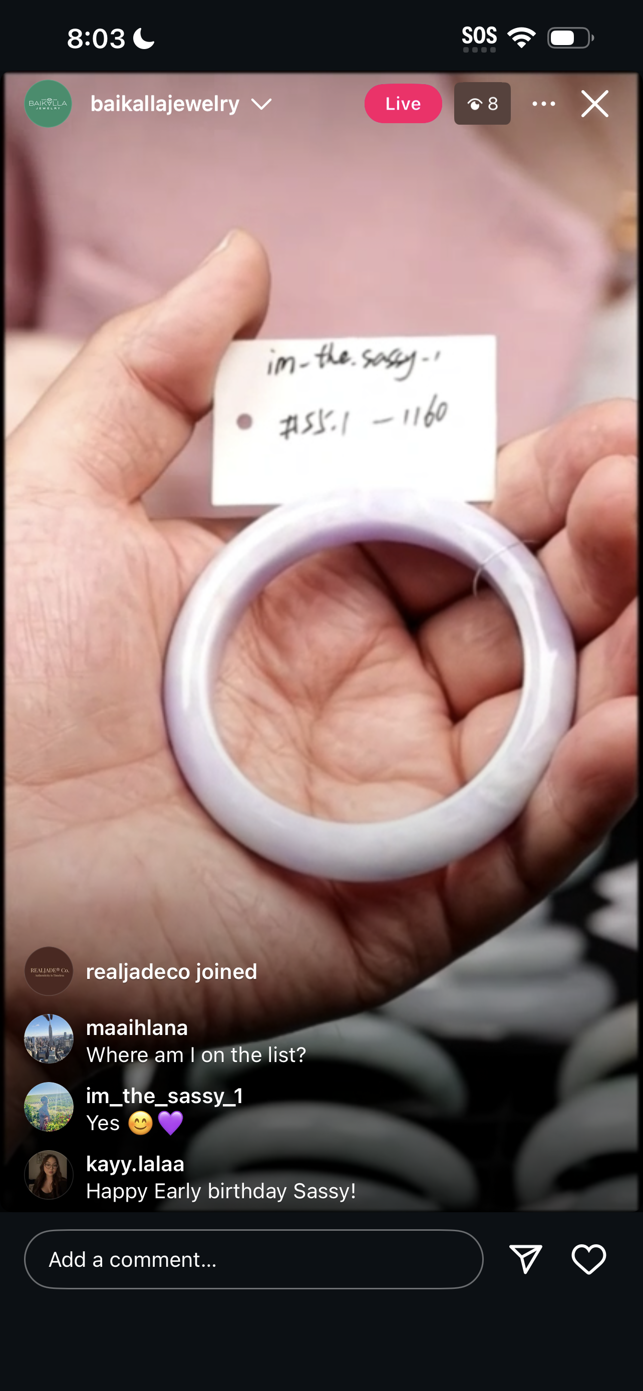 "Live" Natural Lavender Jadeite Jade Comfort-Fit Bangle (03/21/26)