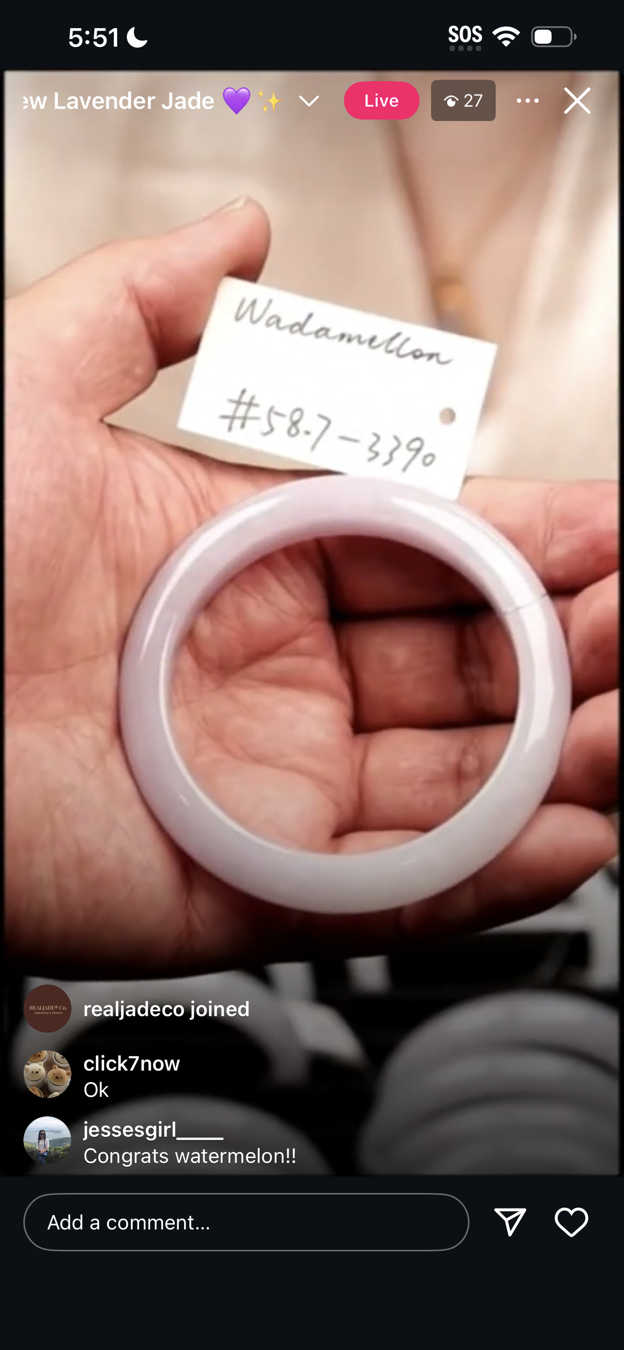 "Live" Natural Pink-Lavender Jadeite Jade Comfort-Fit Bangle (03/24/26)