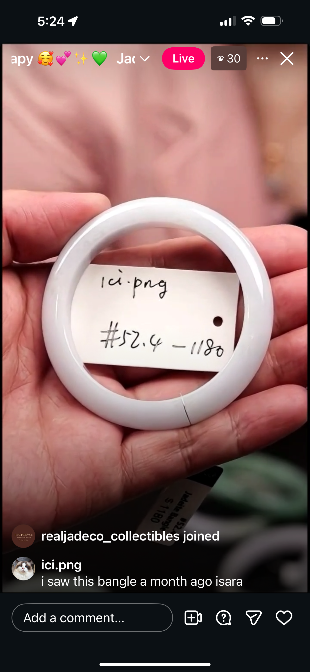 "Live" Natural White Lavender Jadeite Jade Comfort Fit Bangle (03/07/26)