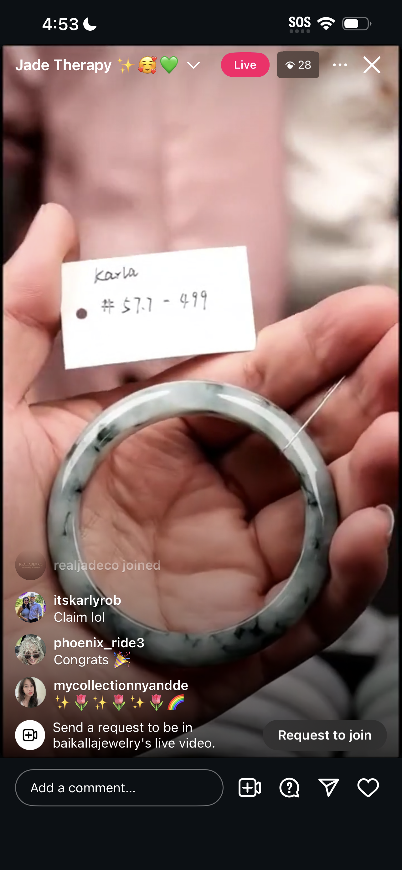 "Live" Natural Blue-Green Flower Jadeite Jade Comfort-Fit Bangle (03/25/26)