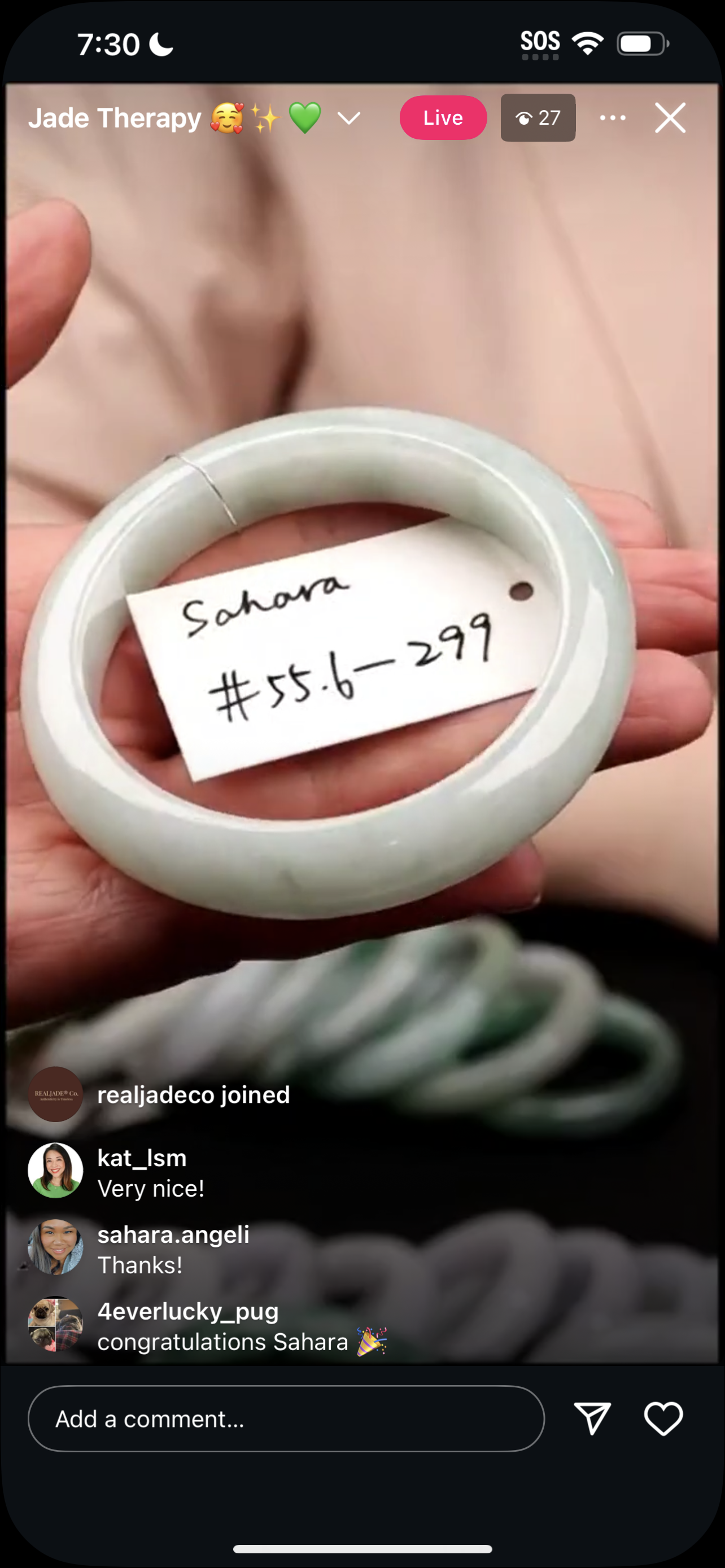 "Live" Natural Light Green Jadeite Jade Comfort-Fit Bangle (03/30/26)