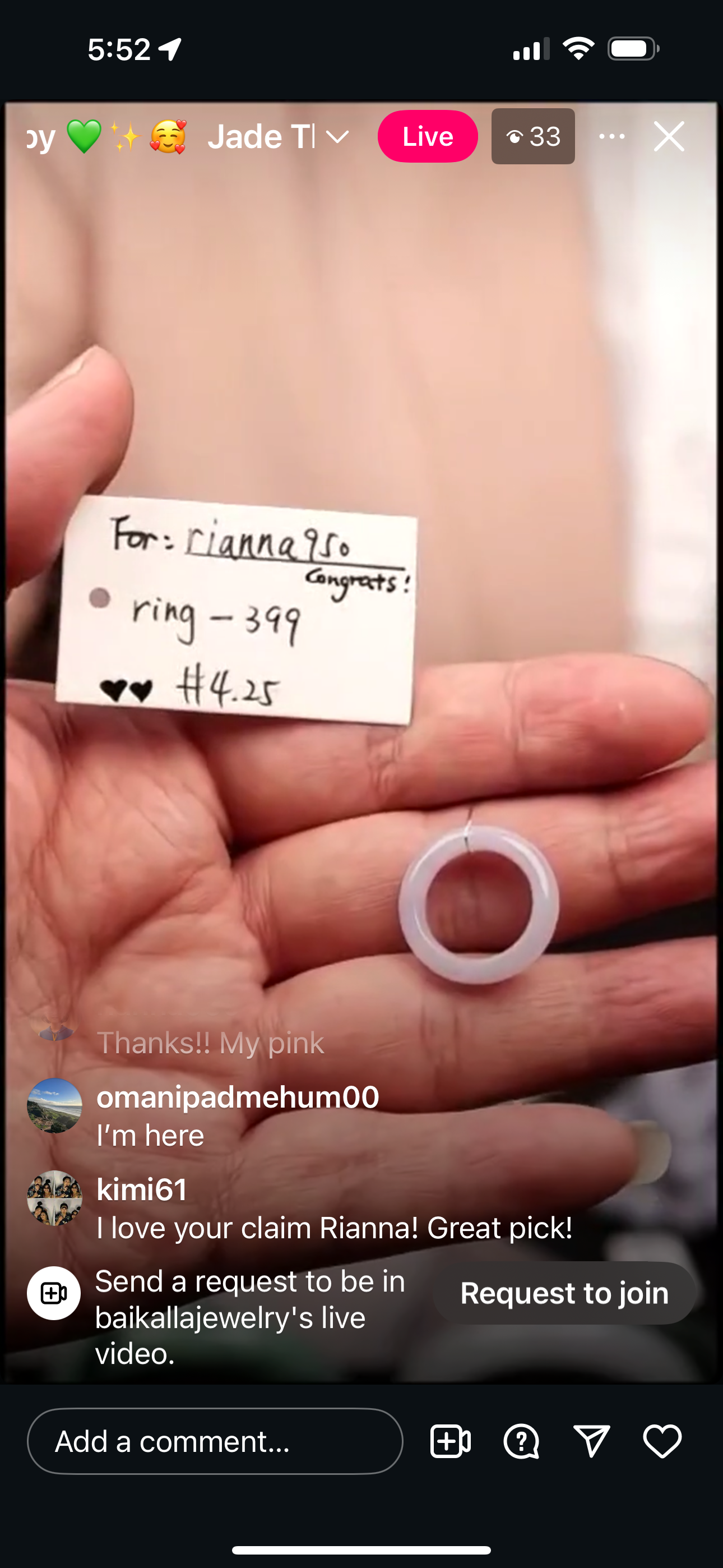 "Live" Natural Pink Jadeite Jade Finger Bangle (03/19/26)