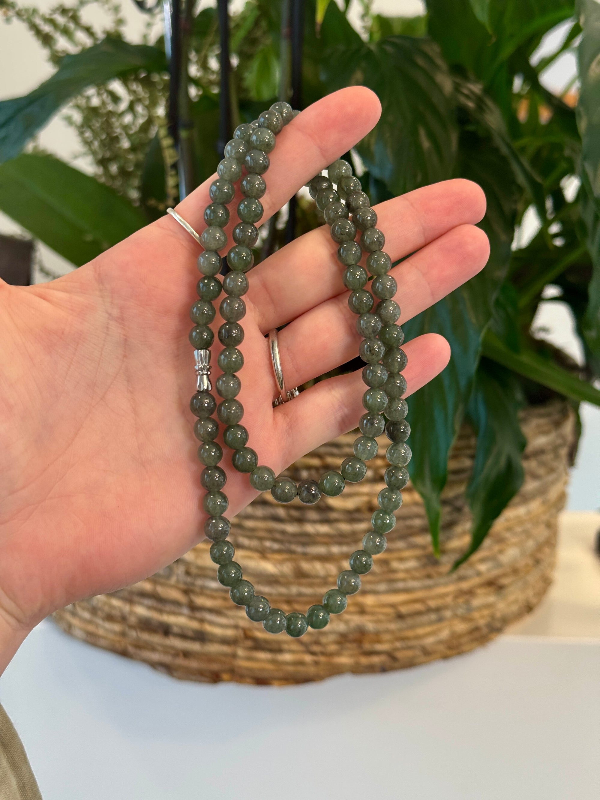 Natural Jadeite Jade Bead Necklace with Sterling Silver Clasp 22in