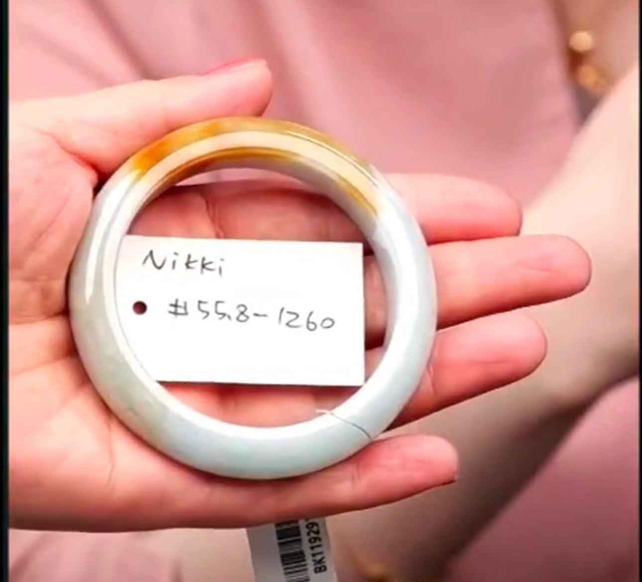 "Live" Natural Light Green W/ Yellow-Orange Jadeite Jade Comfort-Fit Bangle (08/12/26)