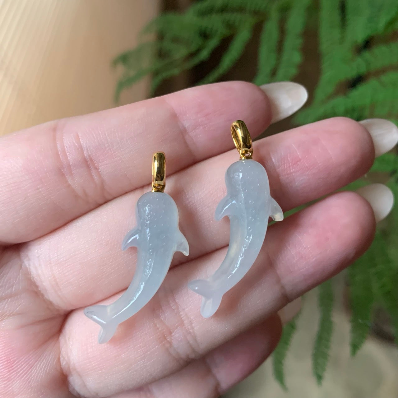 18K Yellow Gold Icy Wuji Jadeite Jade Whale Shark Pendant Simple Bail x 2