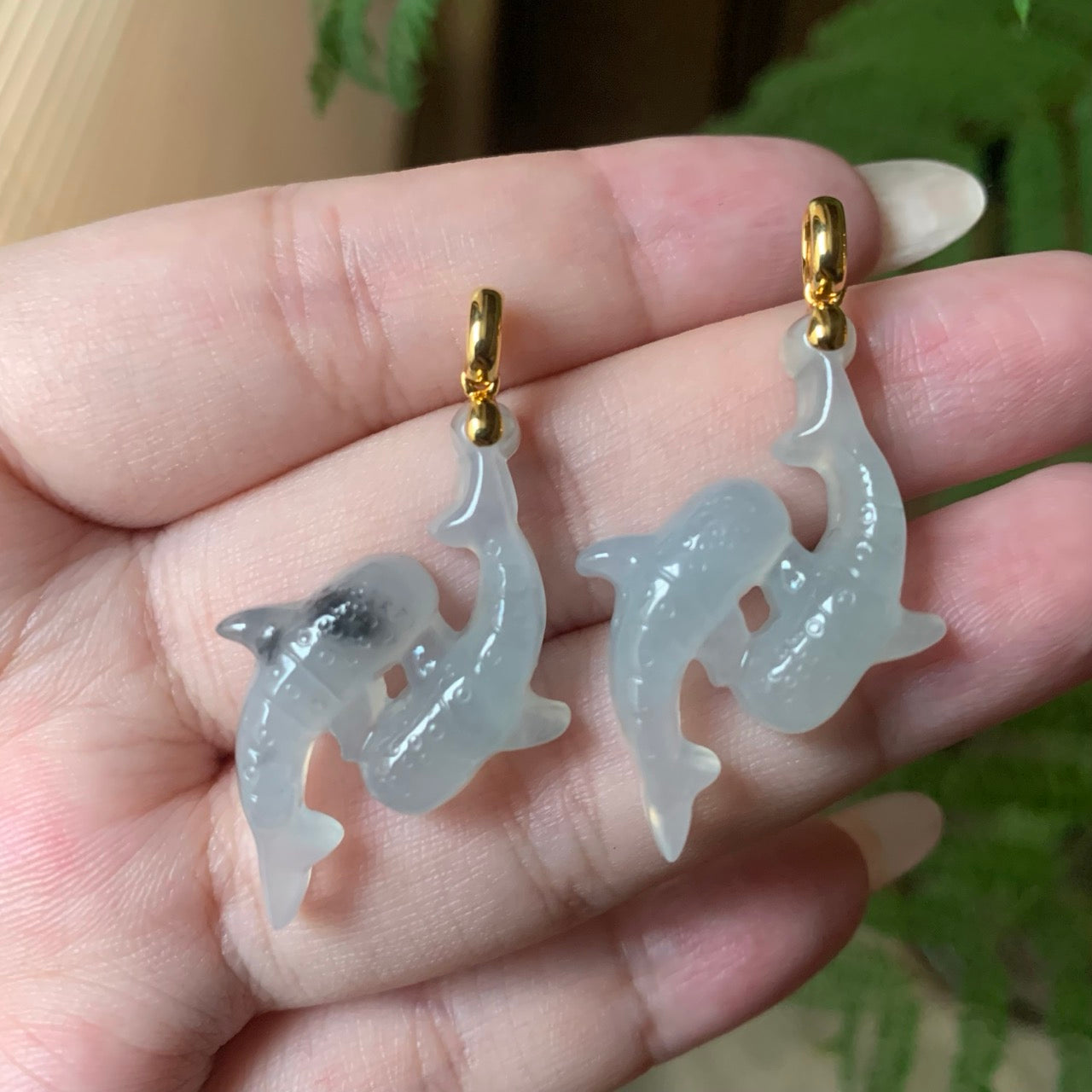 18K Yellow Gold Icy Wuji Jadeite Jade Double Whale Shark Pendant Simple Bail x 2