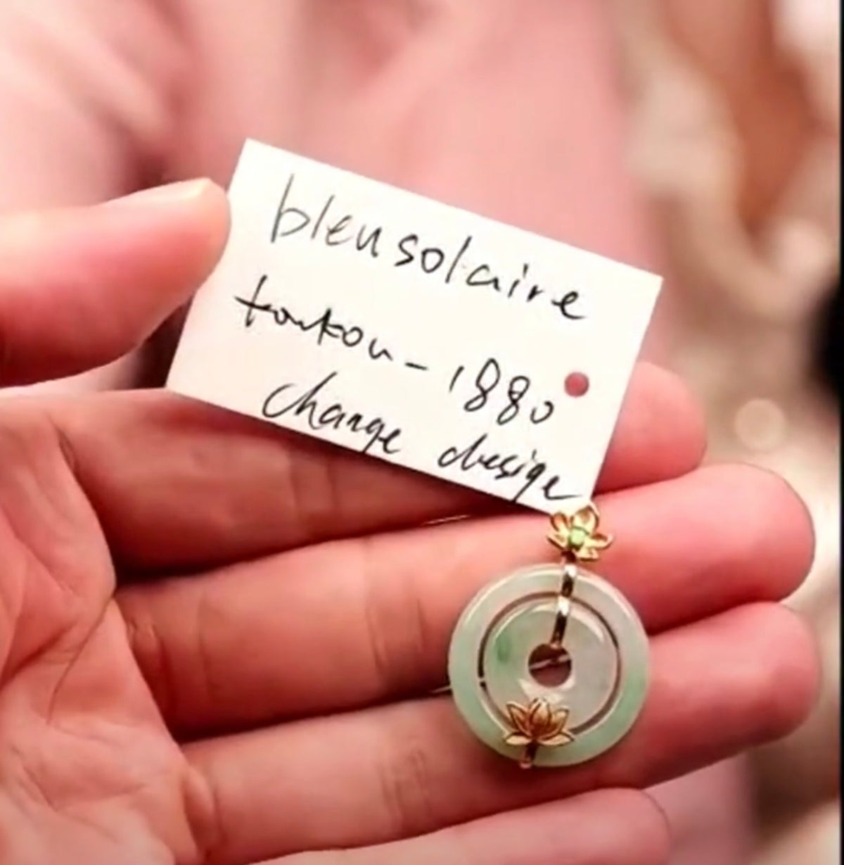 "Live" 18K Y Gold Icy Light Green W/ Imperial Green Dot Jadeite Jade Double Koukou Pendant (09/09/26)