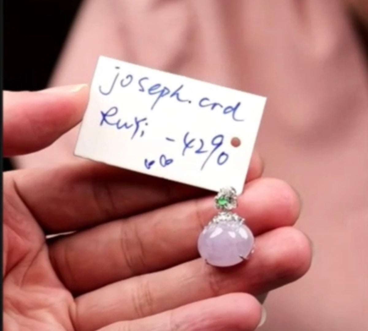 "Live" Natural 18k W Gold Imperial Green Dot Bail &amp; Icy Pink Lavender Jadeite Jade Ruyi Pendant (09/17/26)
