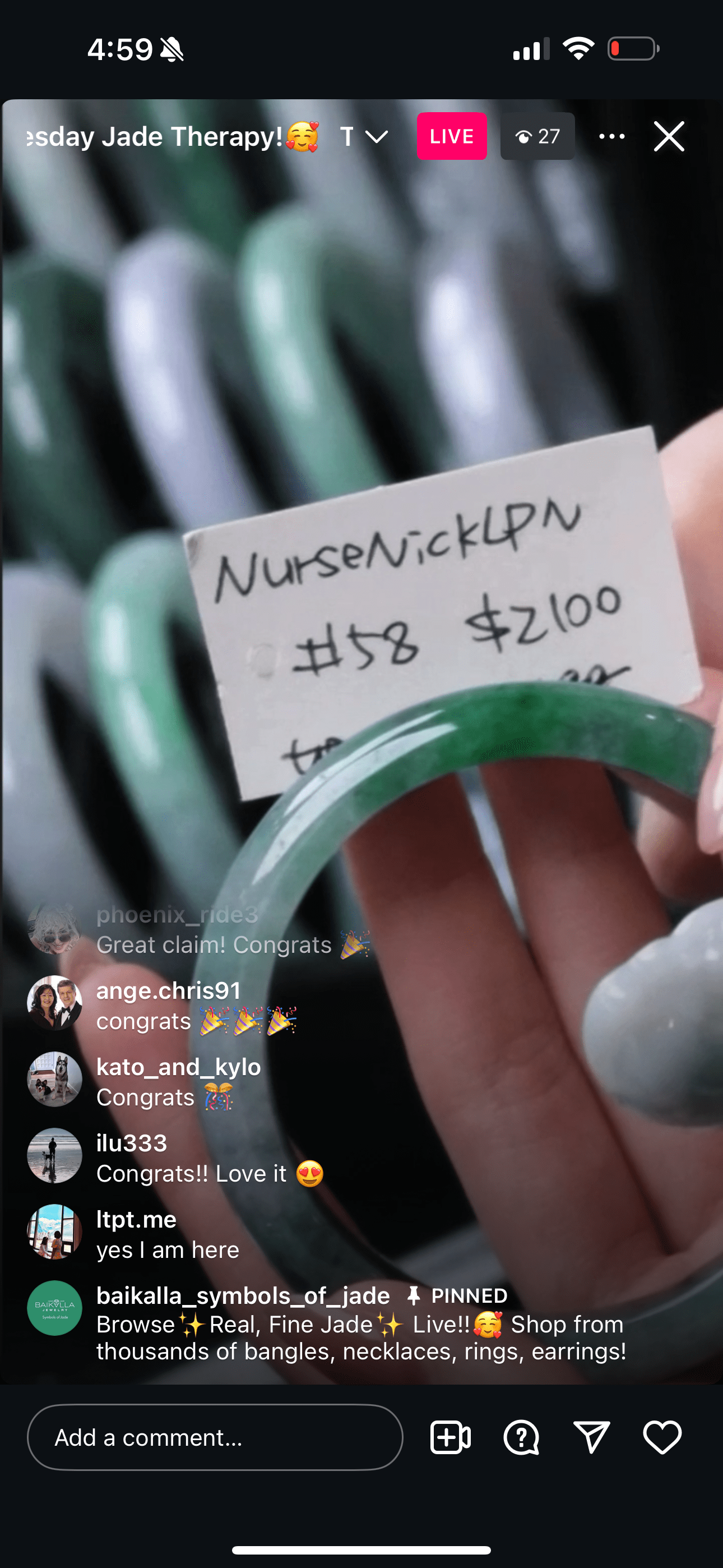 Baikalla IG Live " Green Natural Jadeite Jade Bangle (Live Pick) (01/07/25)