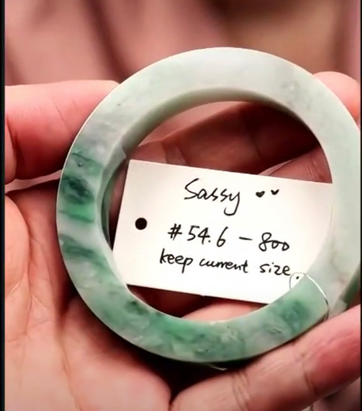 "Live" Natural Light Green W/ Forest Green Flowers Jadeite Jadeite Bangle Bracelet (06/30/26)
