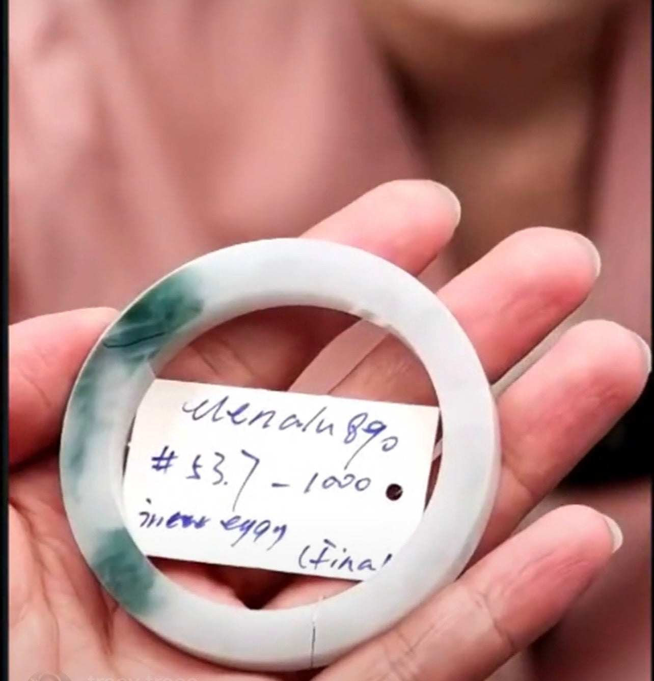 "Live" Natural Light Blue W/ Blue Flowers Jadeite Jade *Carving Bangle Bracelet (07/14/26)
