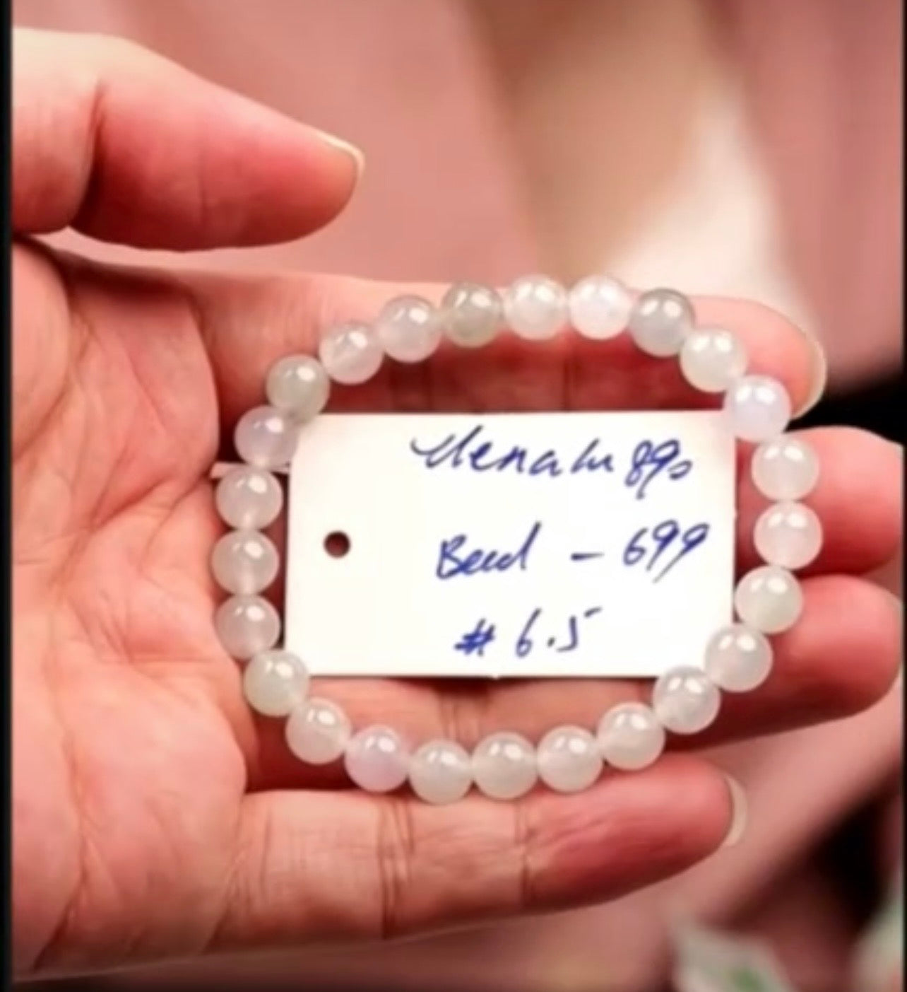 "Live" Natural Icy Moonlight-Pink &amp; Green Jadeite Jade Bead Bracelet (07/15/26)