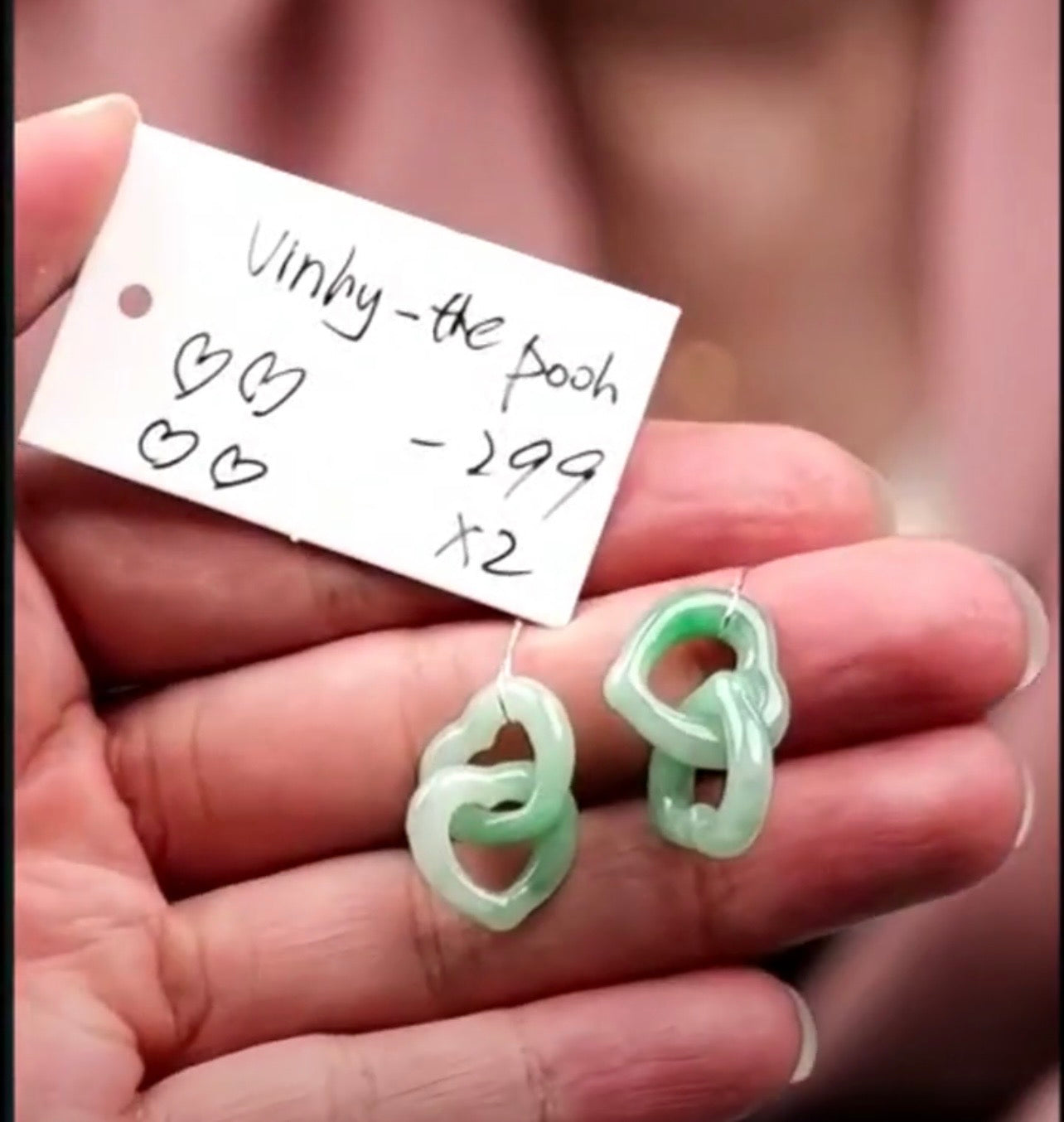 "Live" Natural Apple Green Jadeite Jade Double Heart Koukou Pendant (07/16/26)