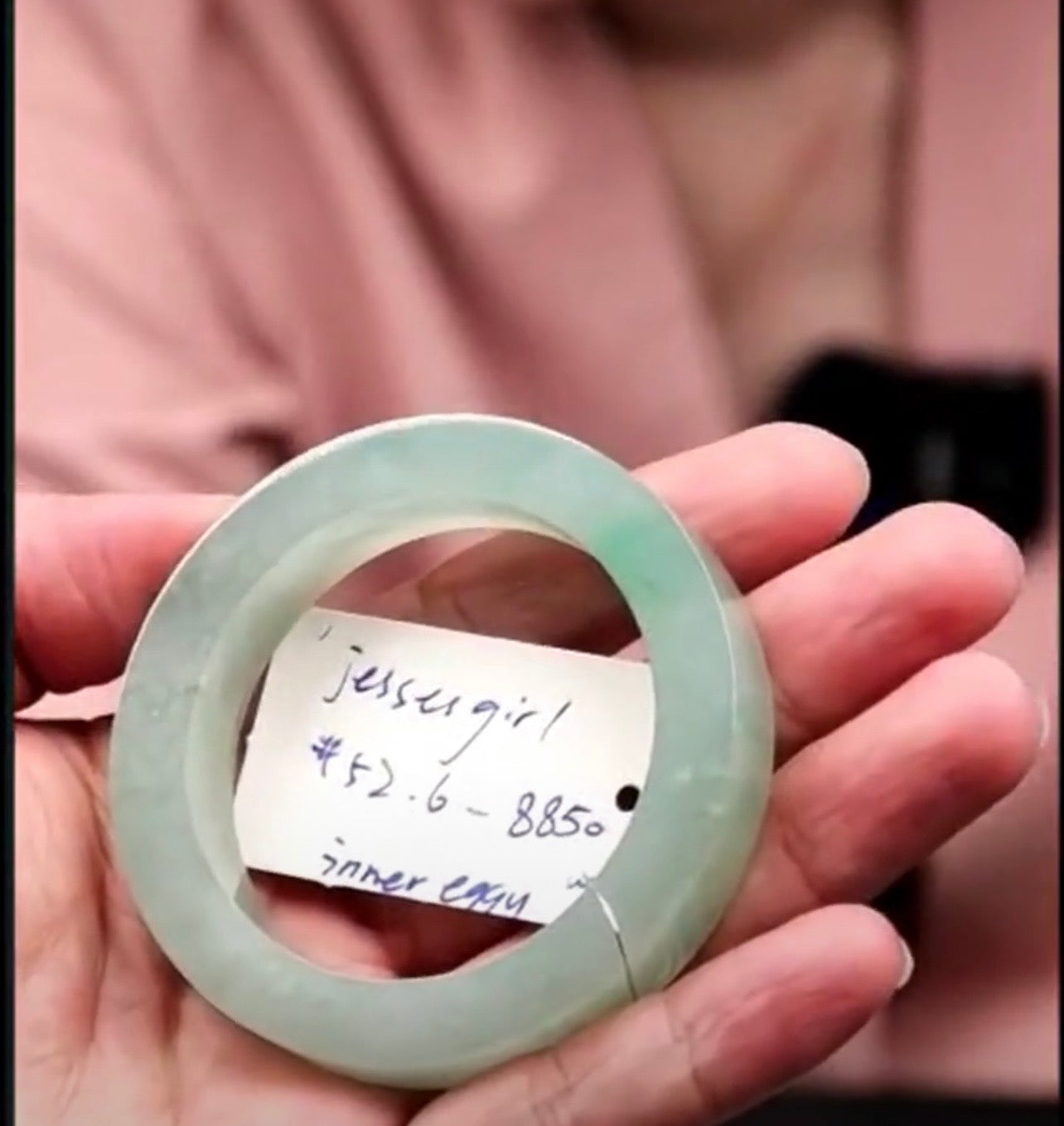 "Live" Natural Icy Light Green Jadeite Jade *Carving Comfort-Fit Bangle Bracelet (08/01/26)
