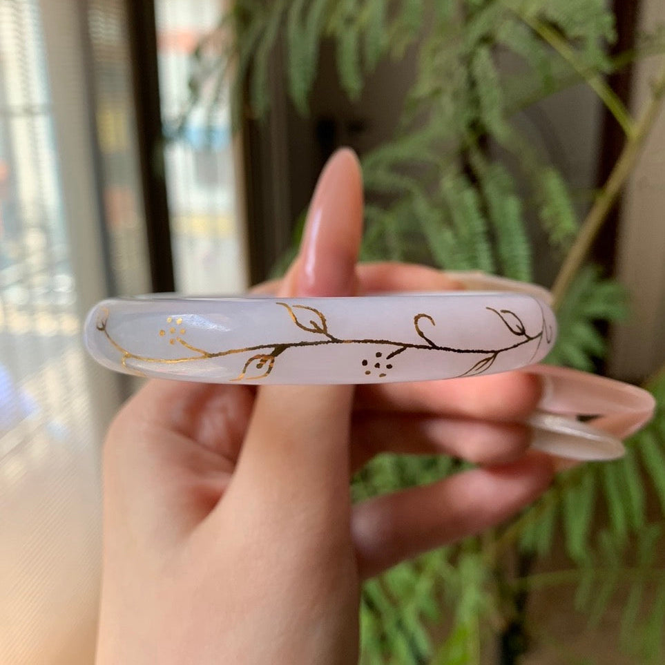 "Live" Natural Moonlight Lavender Jadeite Jade Bangle Gold Setting