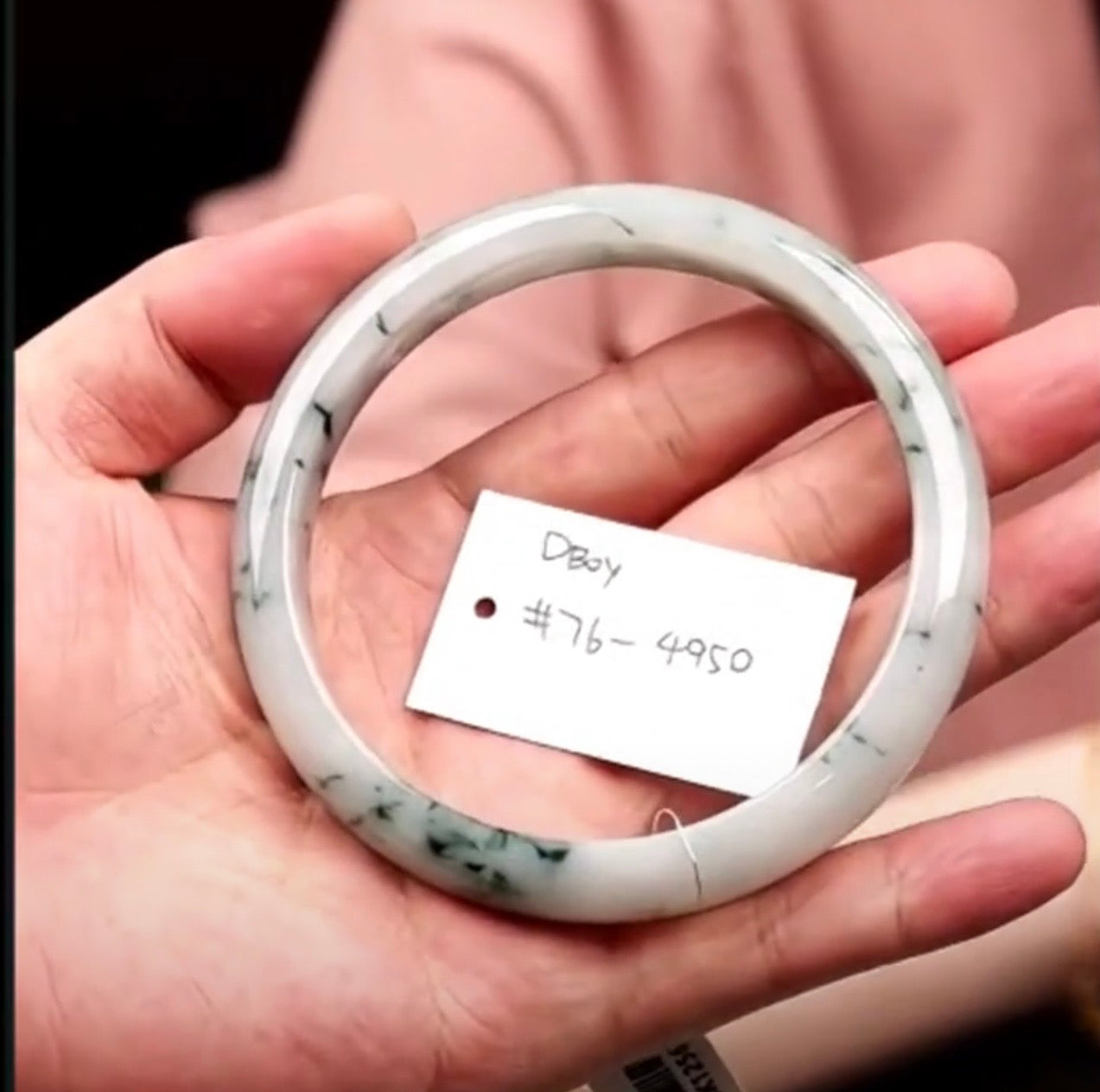 "Live" Natural Light Blue W/ Green Flowers Jadeite Jade Comfort-Fit Bangle Bracelet (08/05/26)