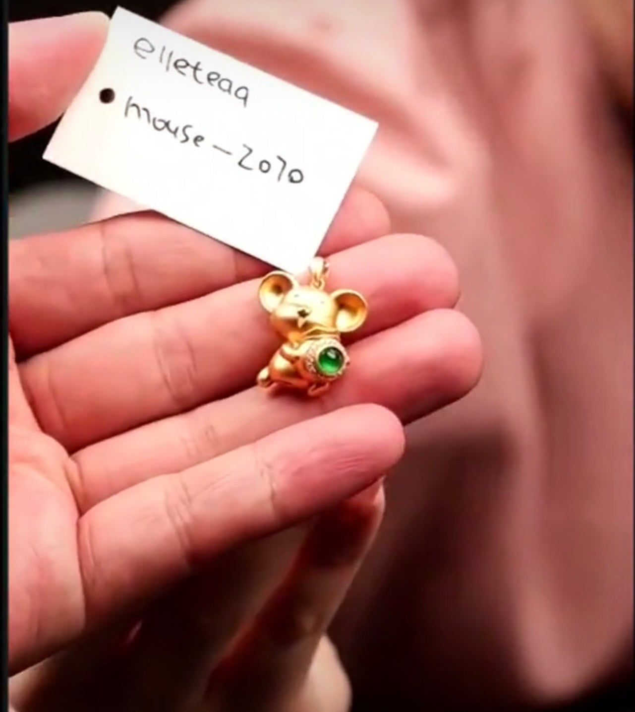 "Live" Natural 18k Y Gold Imperial Green Jadeite Jade W/ Natural Diamonds Zodiac Mouse Pendant (08/08/26)