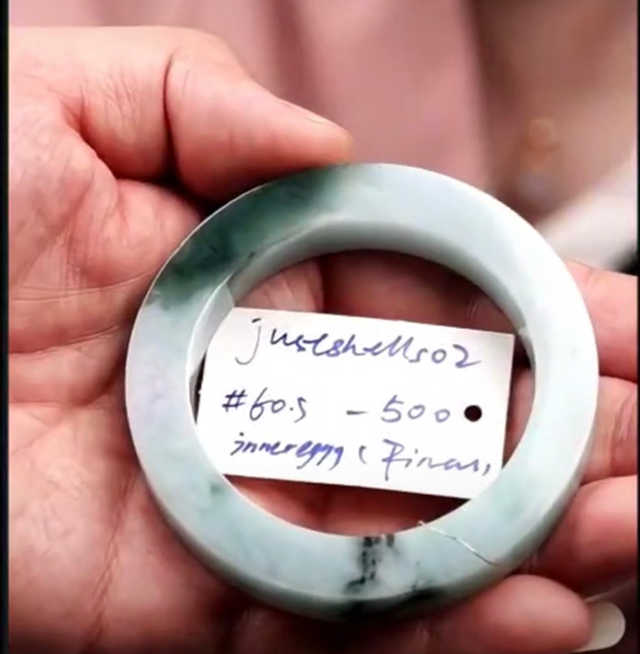 "Live" Natural Light Green W/ Blue Green Flower Jadeite Jade *Carving Bangle (08/26/26)