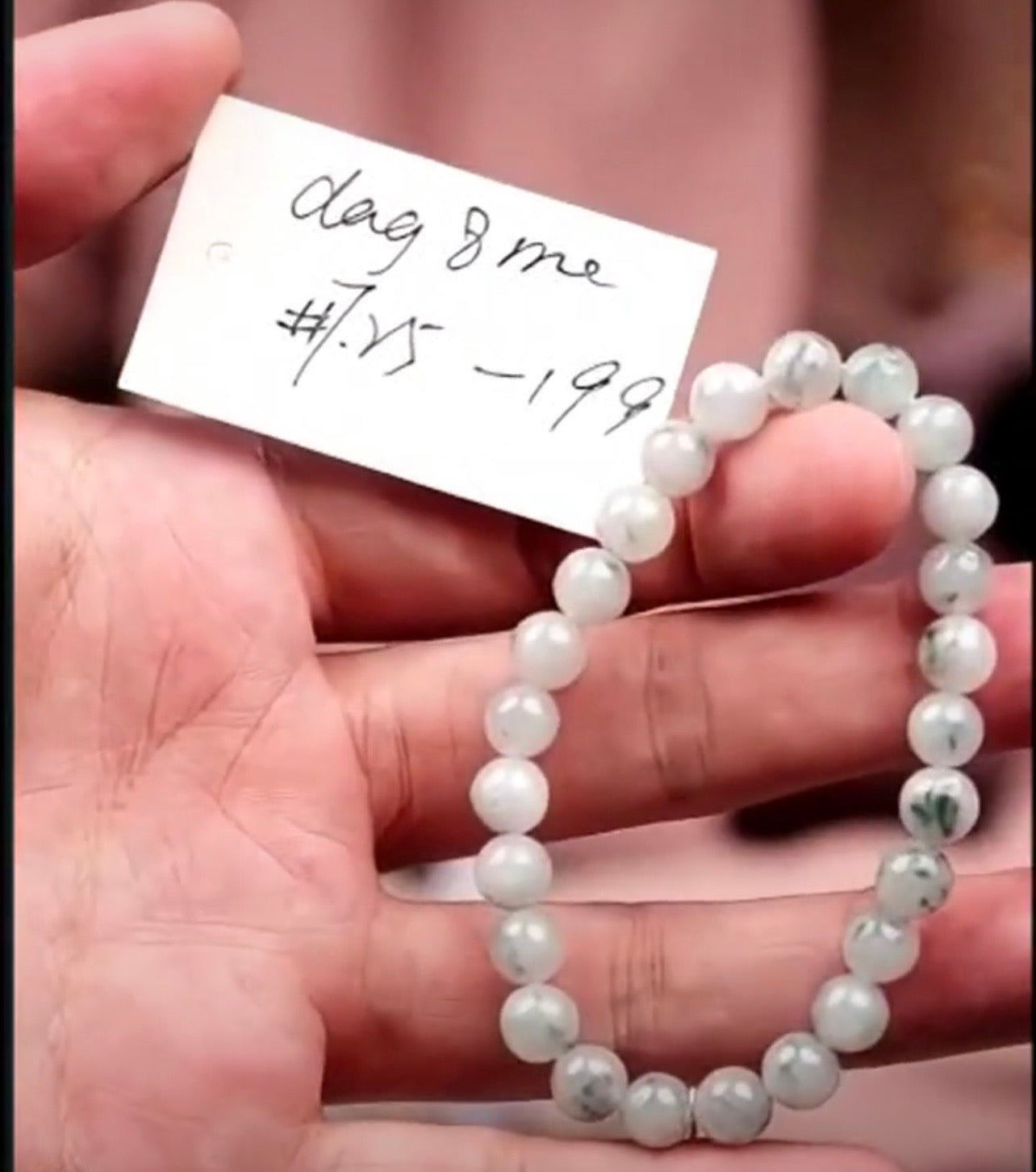 "Live" Natural White-Green w/ Blue-Green Flowers Jadeite Jade Bead Bracelet (08/27/26)