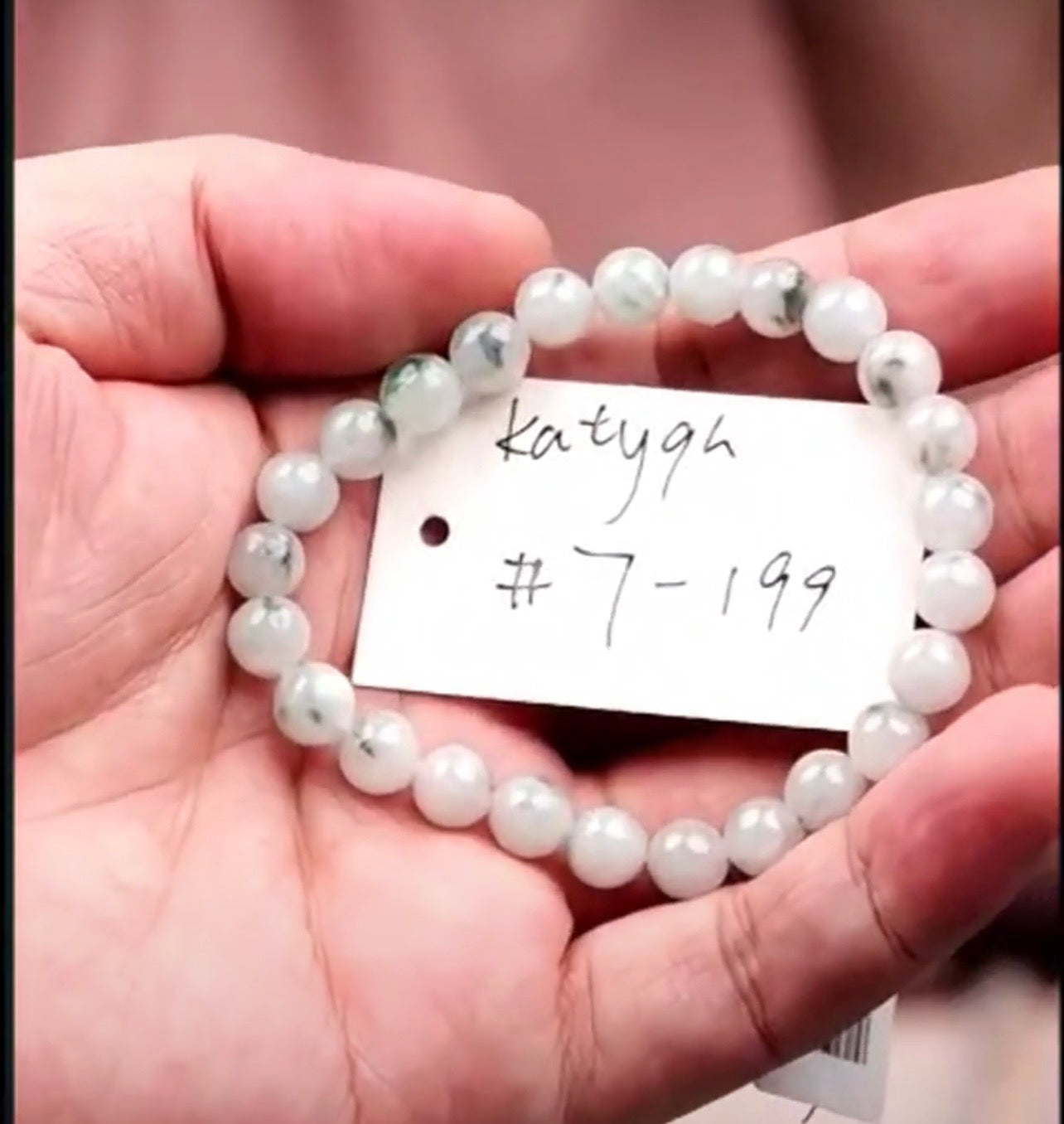 "Live" Natural White-Green w/ Blue-Green Flowers Jadeite Jade Bead Bracelet (08/27/26)