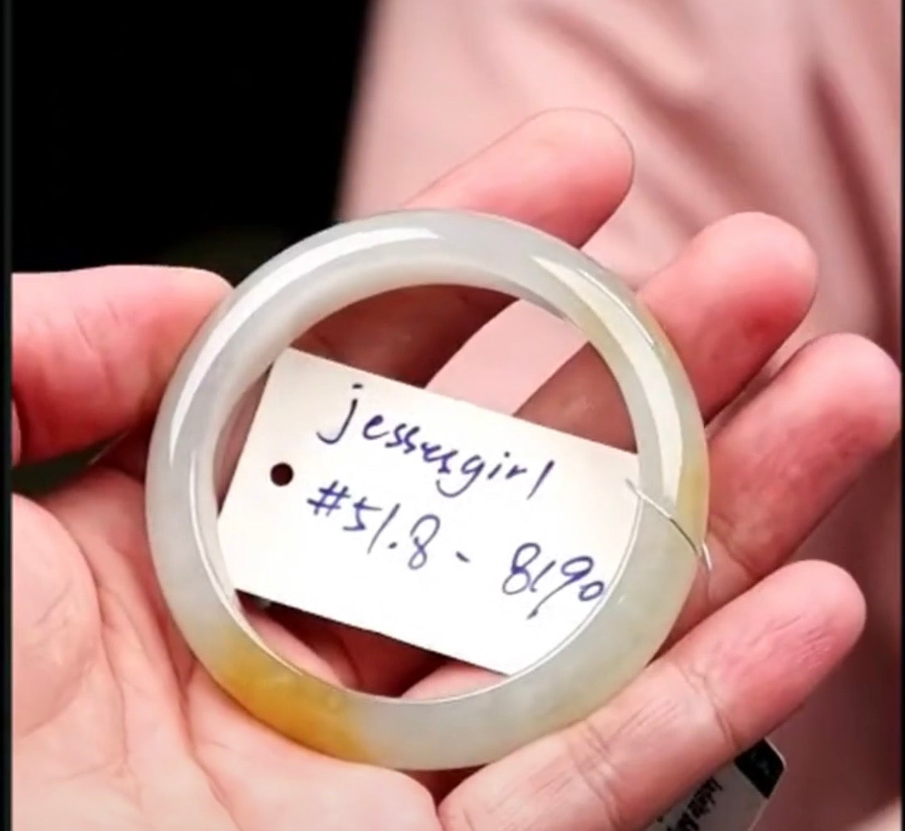 "Live" Natural Icy Light Green W/ Yellow Flower Jadeite Jade Comfort-Fit Bangle Bracelet (08/31/26)
