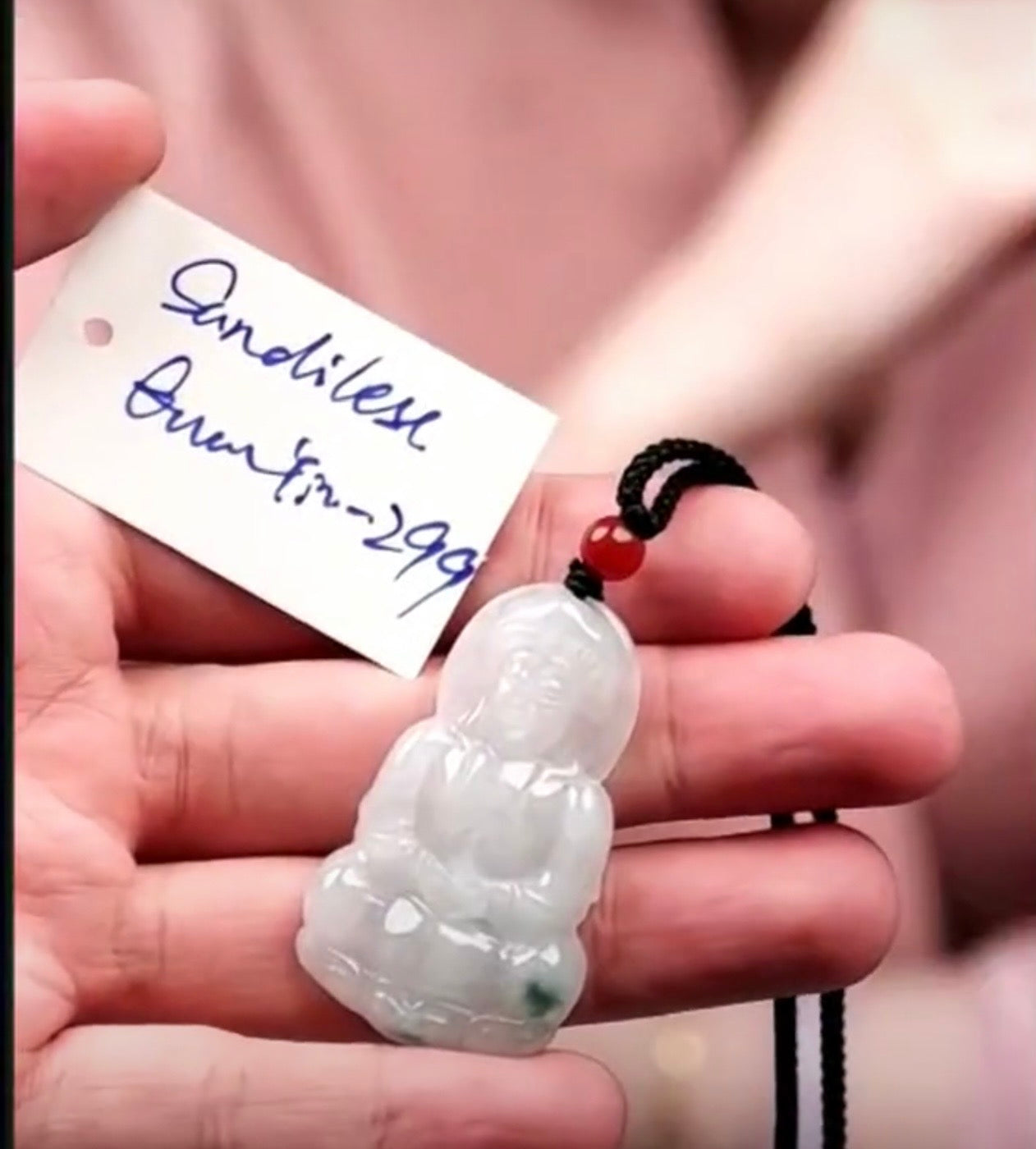 "Live" Natural White-Green W/ Green Flower Jadeite Jade Guan Yin Pendant (09/01/26)