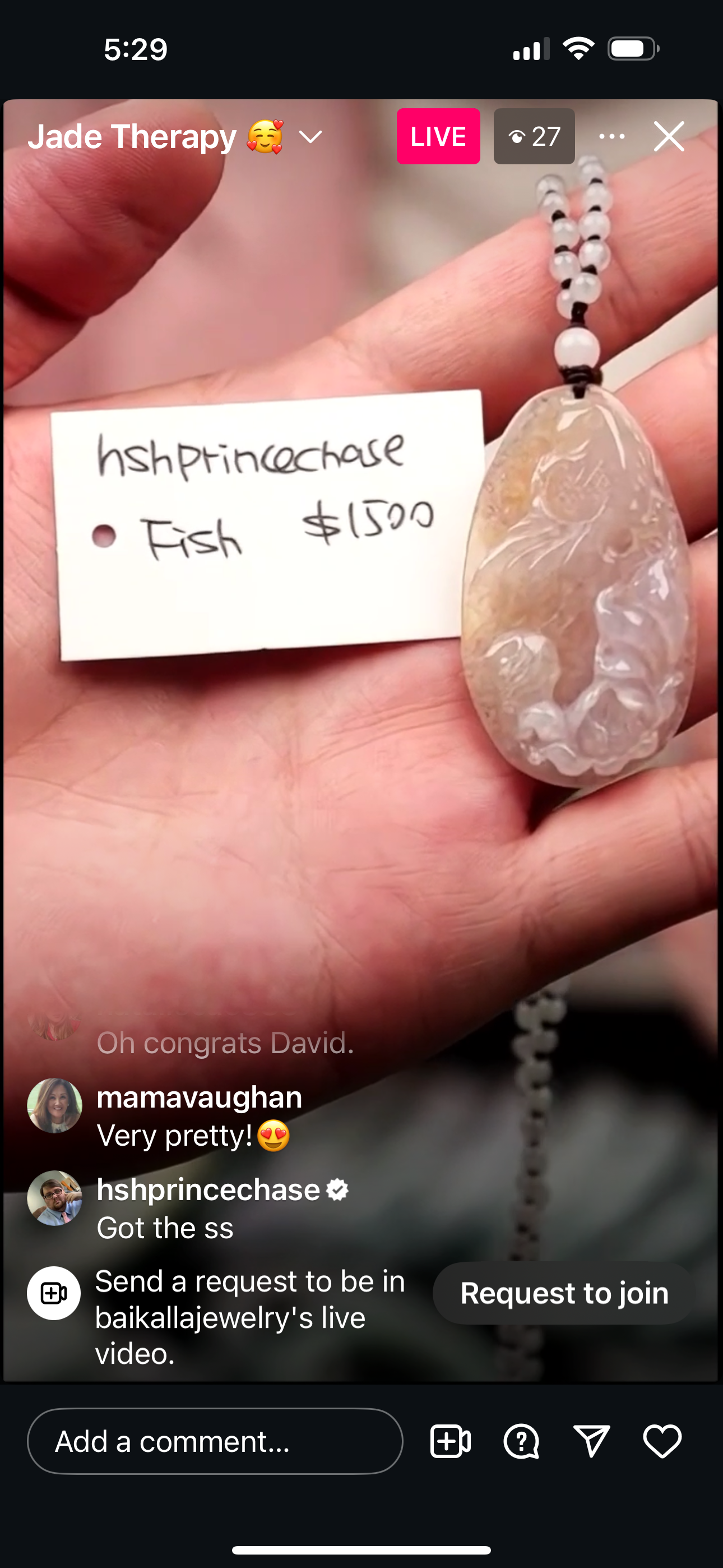 Live " Natural Peachy Yellow Icy Jadeite Jade Prosperity “年年有余” Fish Carving Necklace (04/28/25)