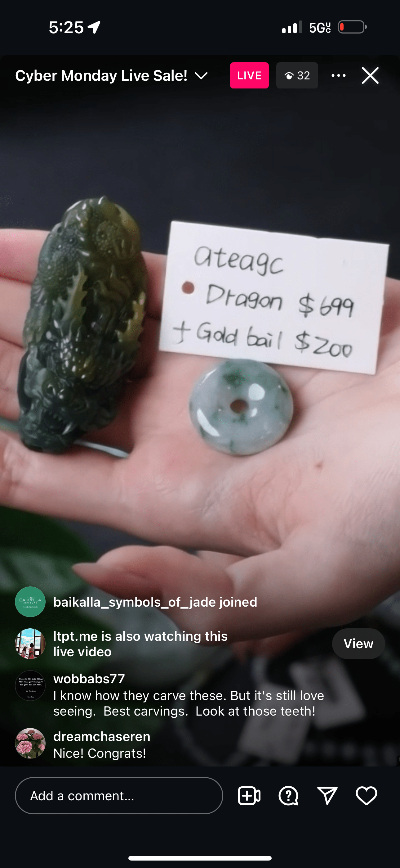 Baikalla IG Live "Blue Green Guatemalan Natural Jadeite Jade Dragon Pendant" (Live Pick) (12/02/24)