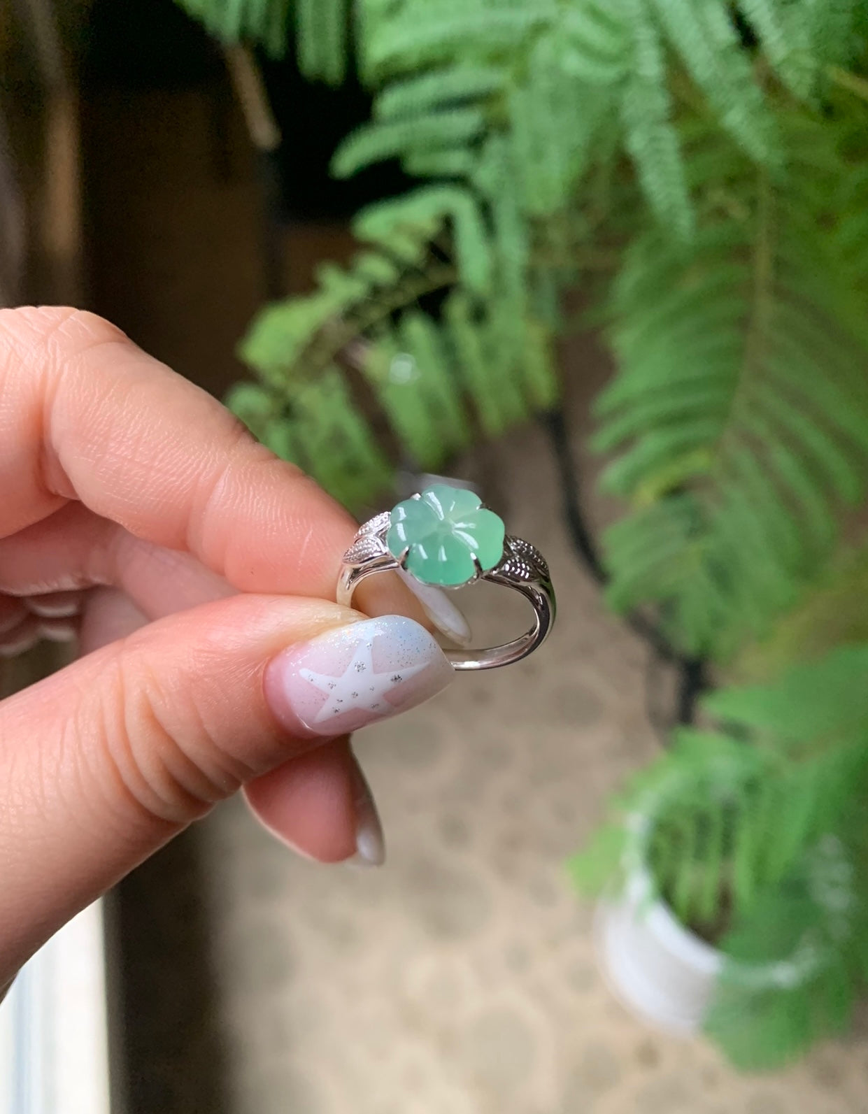 18K White Gold Natural Green Jadeite Jade Flower Ring Gold Setting